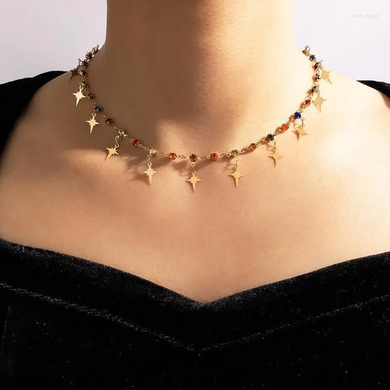 Μοντέρνο κολιέ Chocker Star, μοντέρνα πολύχρωμη κρυστάλλινη αλυσίδα, ρετρό μενταγιόν, χρυσό μεταλλικό Boho κοσμήματα, αλυσίδες_voghion.com