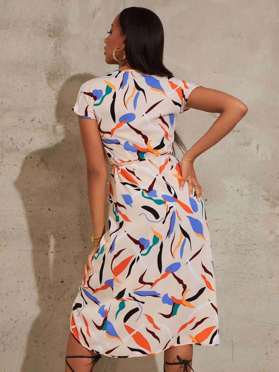 Naisten uusi muoti painettu hihainen V-kaula-vyötärömekko naisille_voghion.com