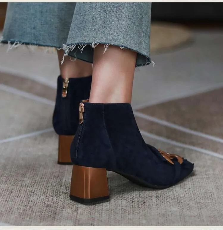 New Autumn/Winter Women Sheep Suade Toe Square Heel Mid-Heel Ankle Boots Fringed Zipper Fashion Office Lady Shoes_vogvips.com