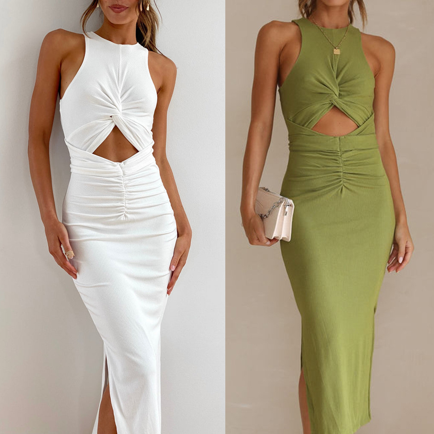 Women's Clothing spring and summer new slim-fitting slit dress INS casual holiday sleeveless women's dress