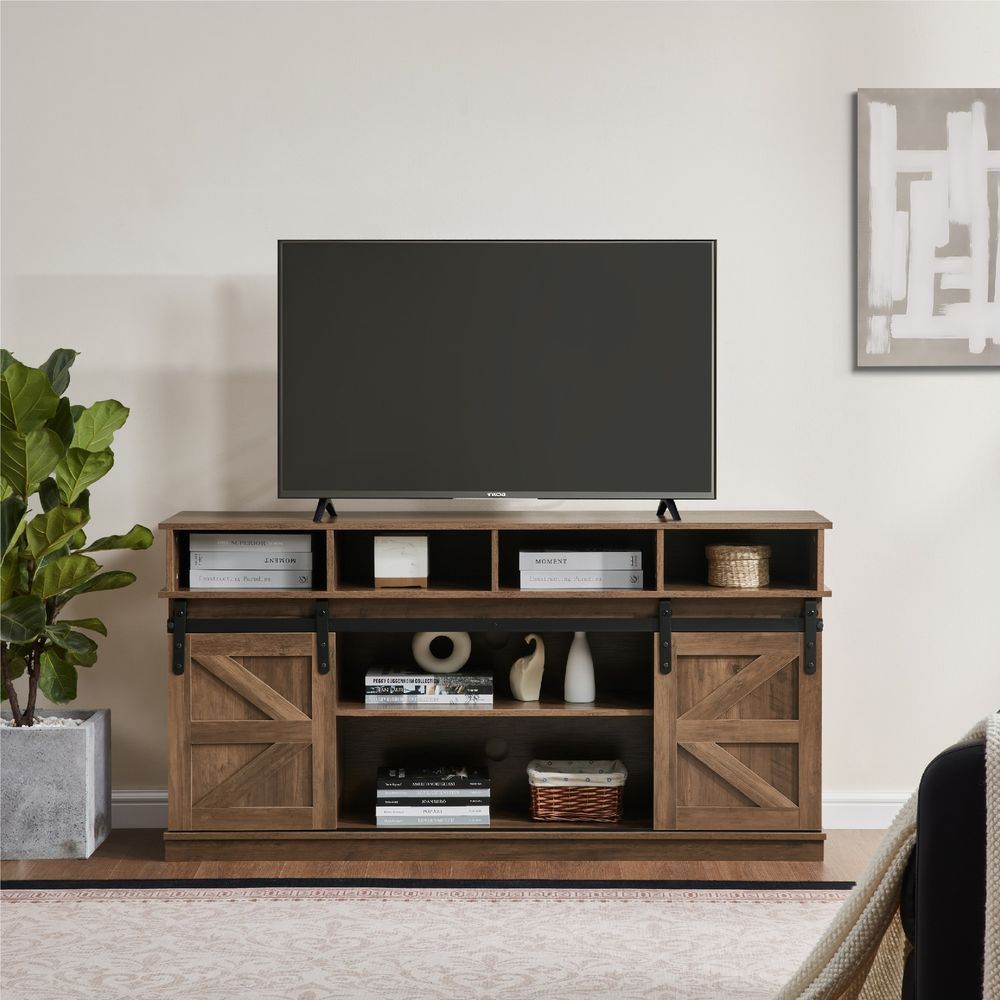 TV Stand Sliding Barn Door Modern&amp;Farmhouse Wood Entertainment Center, Storage Cabinet Table Living Room With Adjustable Shelves For TVs Up To 6_voghion.com