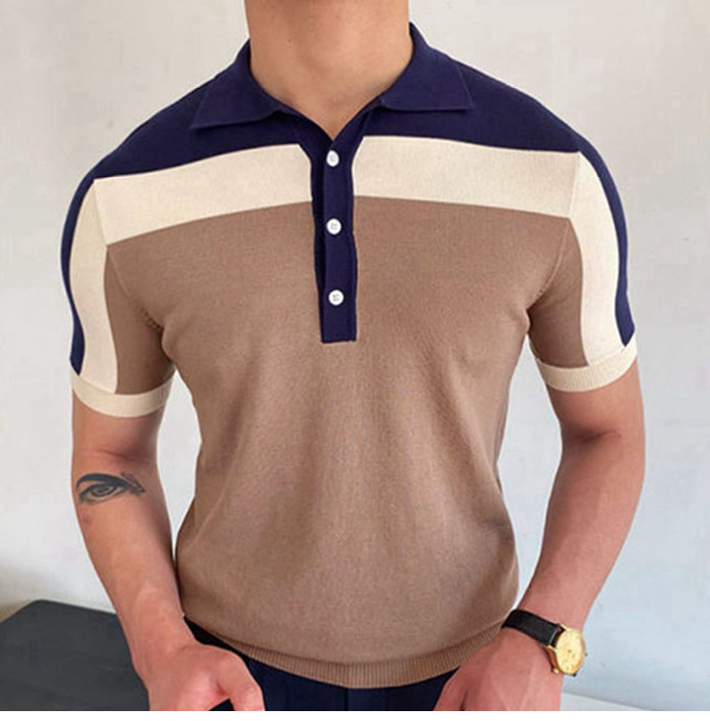 Nuova camicia da uomo in maglia patchwork con maniche corte, colore a contrasto, polo aderente, da uomo SY0046_voghion.com