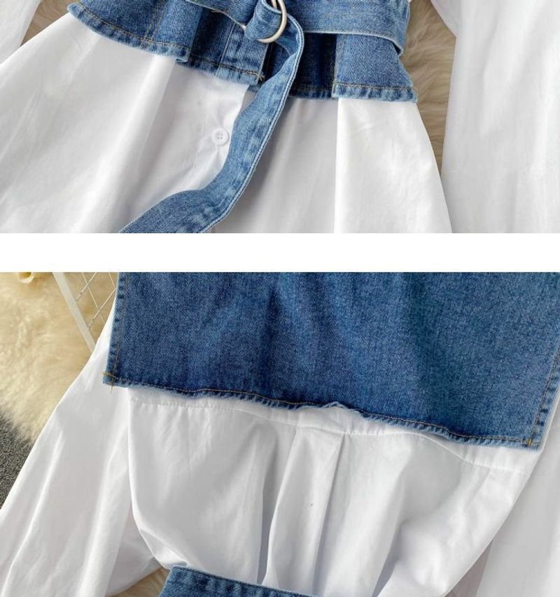 Women's Clothing polo collar denim two-piece long-sleeved shirt with a niche mid-length waist and chic top_voghion.com