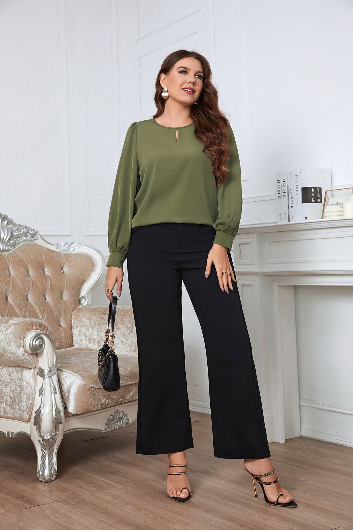spring round neck long sleeve green large size women's shirt_voghion.com