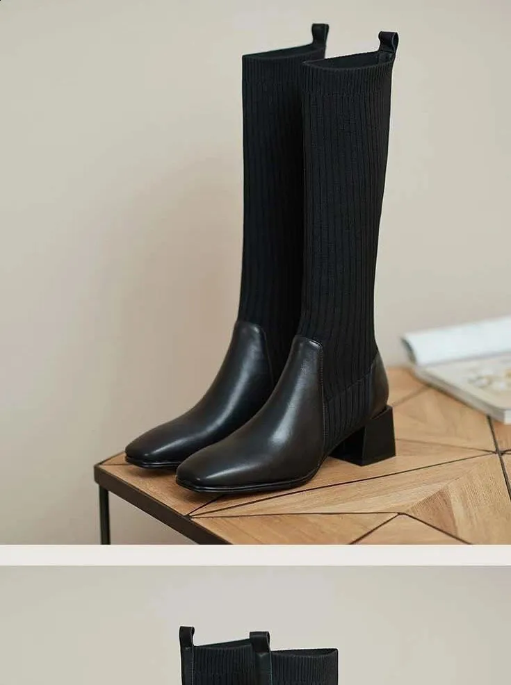 Knee Thick High Socks Winter Womens Long Boots Elegant Autumn Brown Wedge Elastic 241116_voghion.com