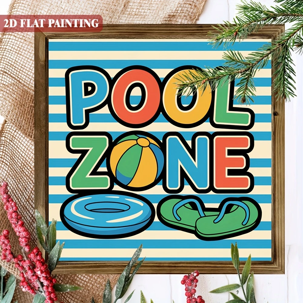 Indicator rustic din lemn „Zonă piscină” - Decor estival vibrant de 20x20 cm cu plutitoare și șlapi. Perfect pentru verandă, grădină sau ca și cadou de sezon._voghion.com