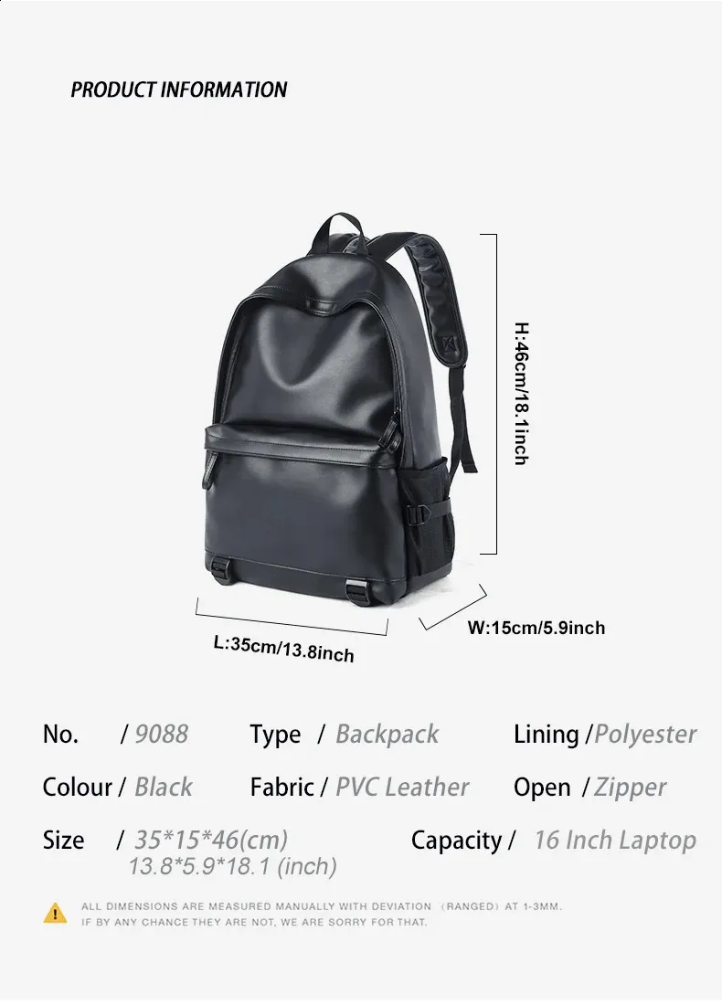 Schwarzer Leder für Herren Business Travel Wasserdichter Daypack PU 16 Zoll Laptop-Rucksack 240829_voghion.com