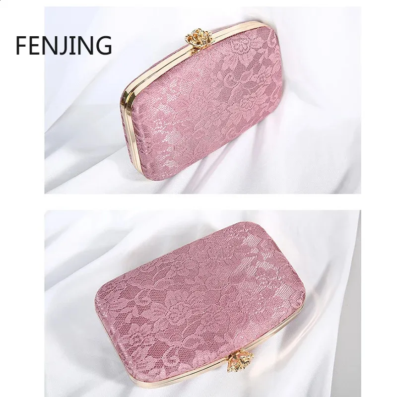 Damen Rosa Spitze Abend Clutch Handtasche Metall Rose Knopf Umhängetasche Kette Braut Geldbörse Bolsas 240827_voghion.com