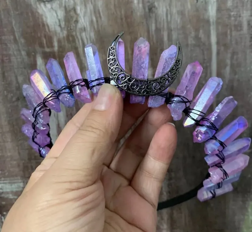 Wedding Real Crystal Quartz Druzy Crown Gothic Moon Raw Stone Wand Hairpin Tiara Witchcraft Comb Hair Woman Wed_voghion.com