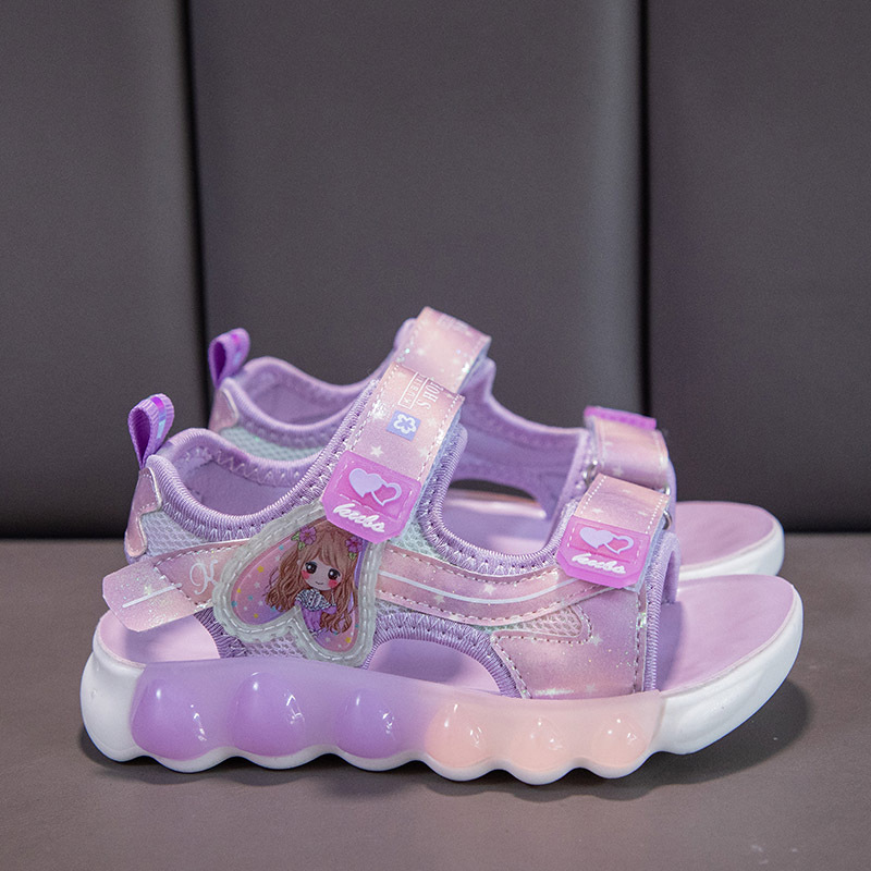 2024 Sandali da ragazza primaverili in pelle artificiale da spiaggia con velcro in gomma rosa viola stile principessa scarpe per bambini dei cartoni animati_voghion.com