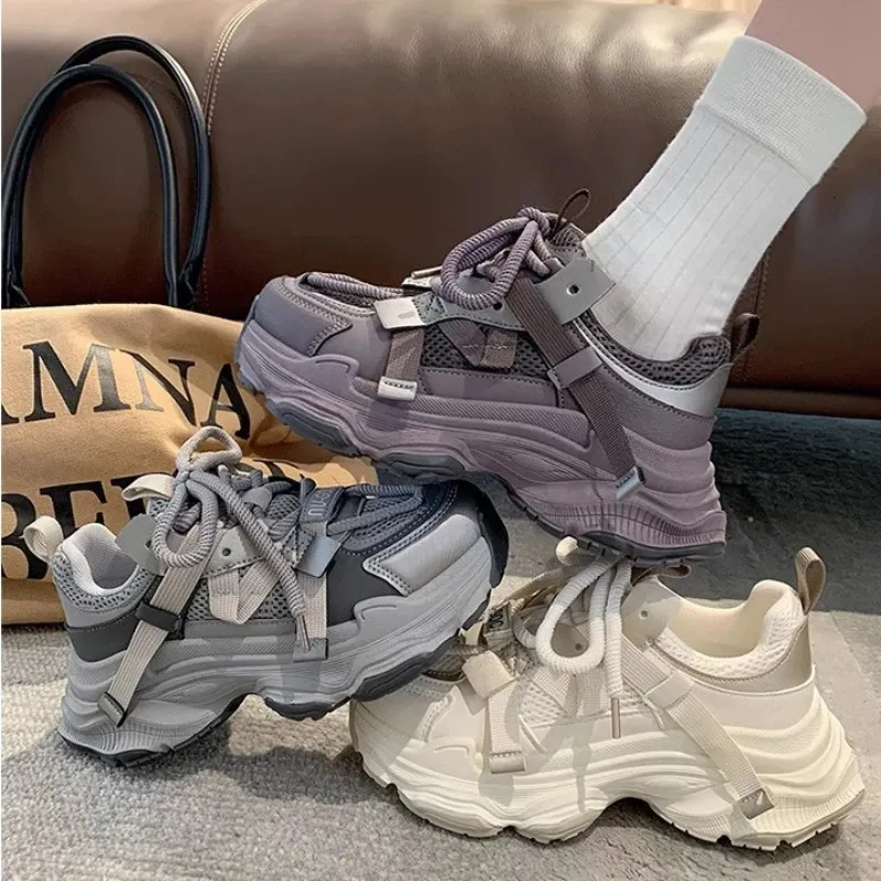 Dames Chunky Sneakers Lente Ademend Mesh Platform Sport Vrouw Mode Veterschoenen Dikke Zool Casual Schoenen Mujer 240618_voghion.com