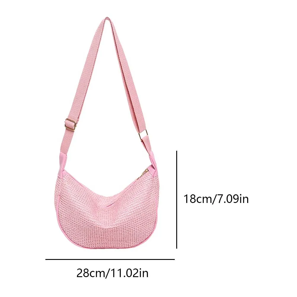 Borsa a tracolla a mezzaluna con tracolla regolabile, in paglia intrecciata, grande capacità, casual, per feste e vacanze, da donna_voghion.com