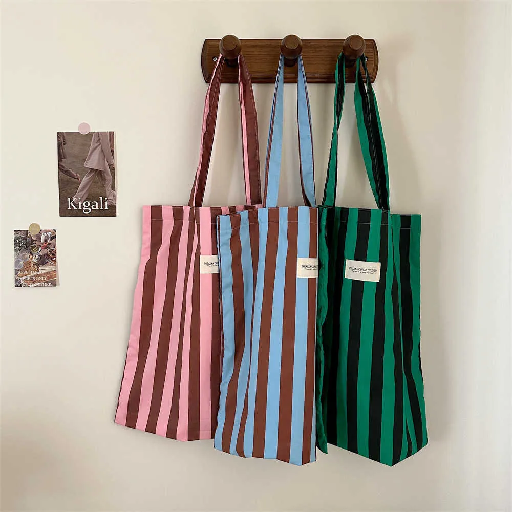 Vintage gestreifte warme Leinwand große Kapazität tägliche Einkaufstasche lässig tragbare Damen Reisehandtasche Y241109_voghion.com