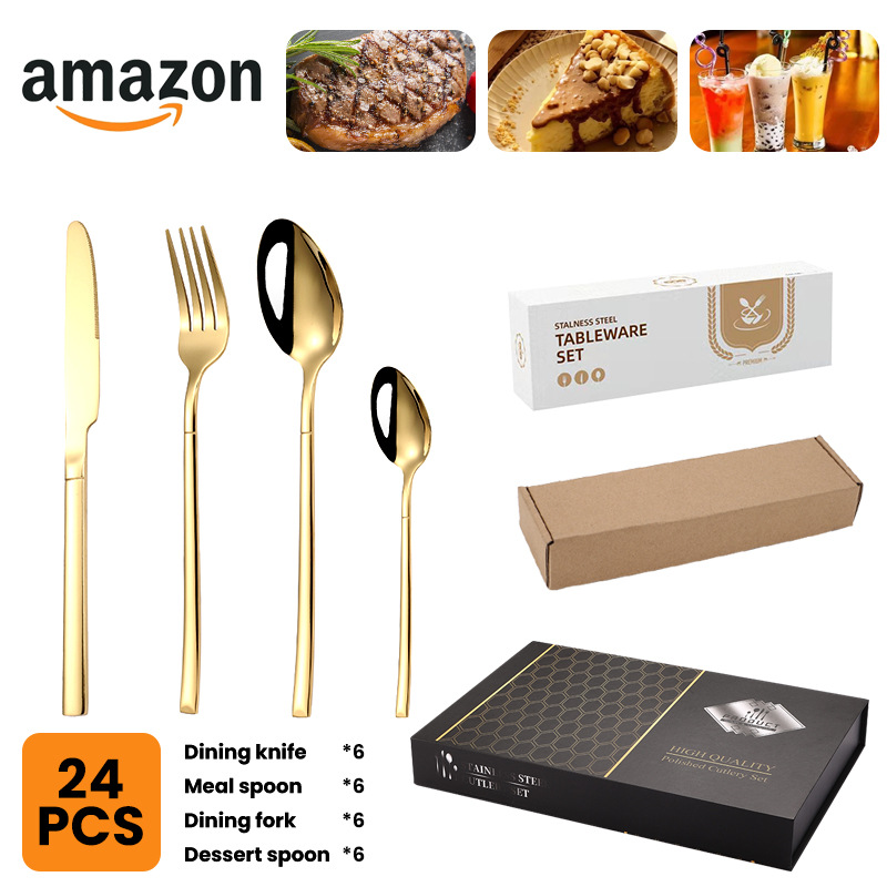 24 of stainless steel tablew, steak knives, forks, spoons, 4 main pieces set, knight Western style gold-plated_voghion.com