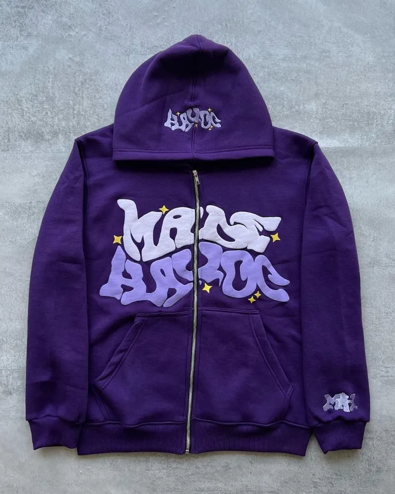 Moške puloverje s kapuco z retro črkovnim potiskom, ameriške ulične modne majice z zadrgo, prevelike puloverje z dolgimi rokavi in ​​hip hop jakno._voghion.com