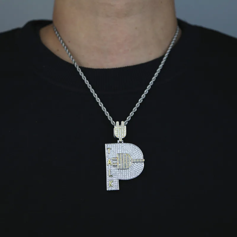Chaînes Plaqué Or Hip Hop Hommes Bijoux Micro Pave Iced Out Bling Cubique Zircone Pavé Lettre P Forme Talk Plug Pendentif_voghion.com