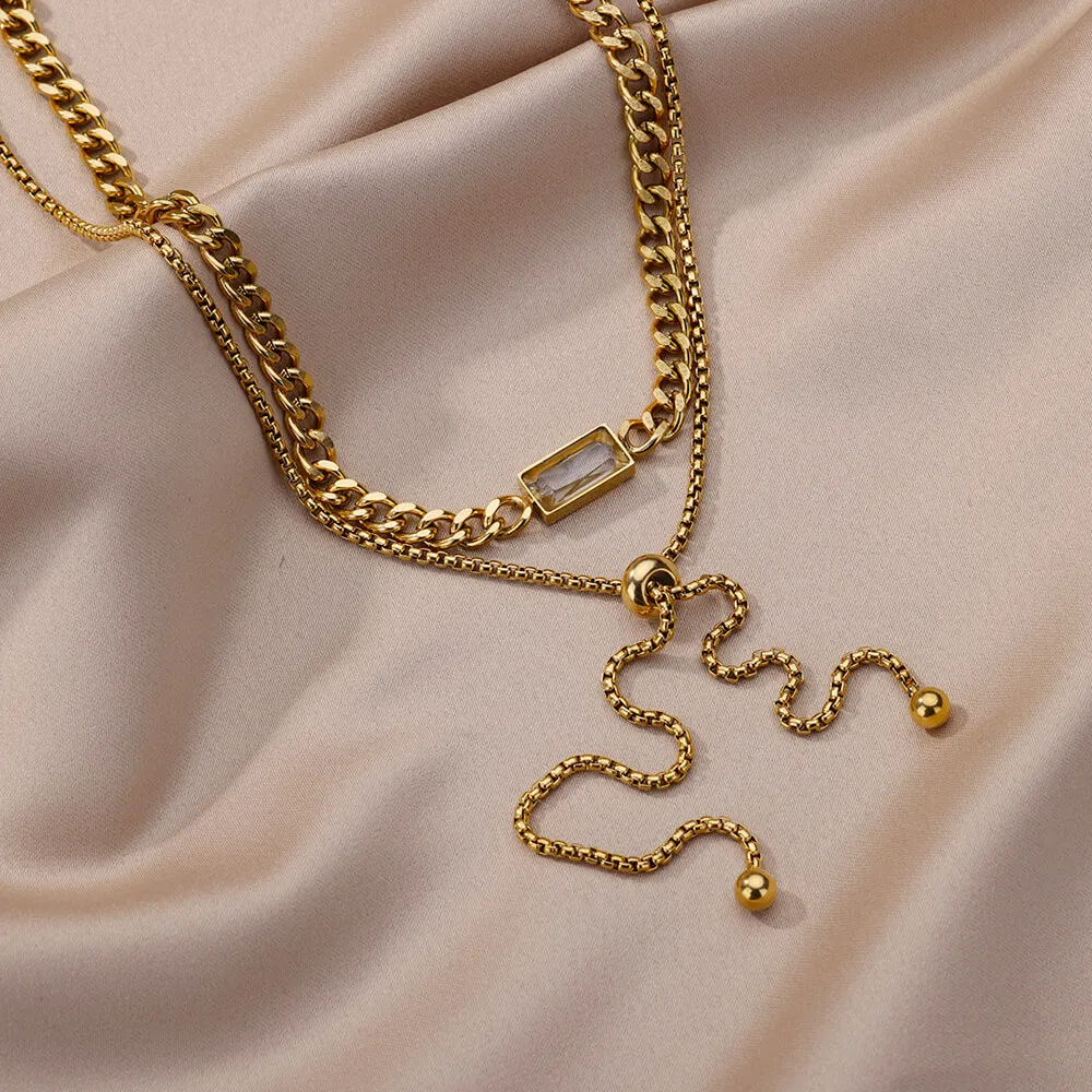 Collane con ciondolo in acciaio inossidabile, cristallo quadrato, zircone, per donna, collana girocollo a catena cubana multistrato, matrimonio_voghion.com