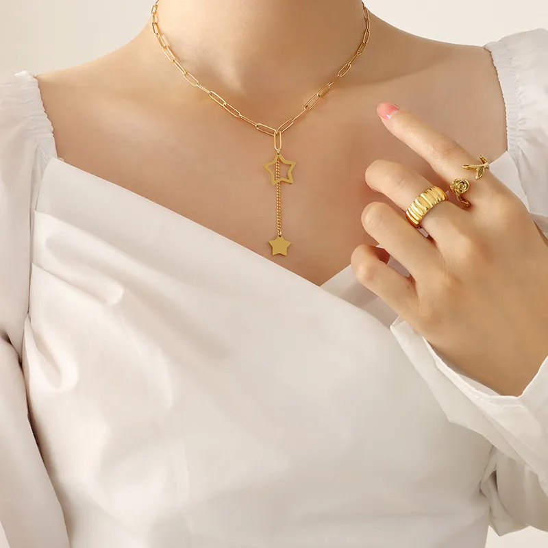 Catene 2023 Delicata Donna 14K Placcato Oro Acciaio Inossidabile Graffetta Catena Collana Stella Ciondolo Choker Nappa Collane_voghion.com