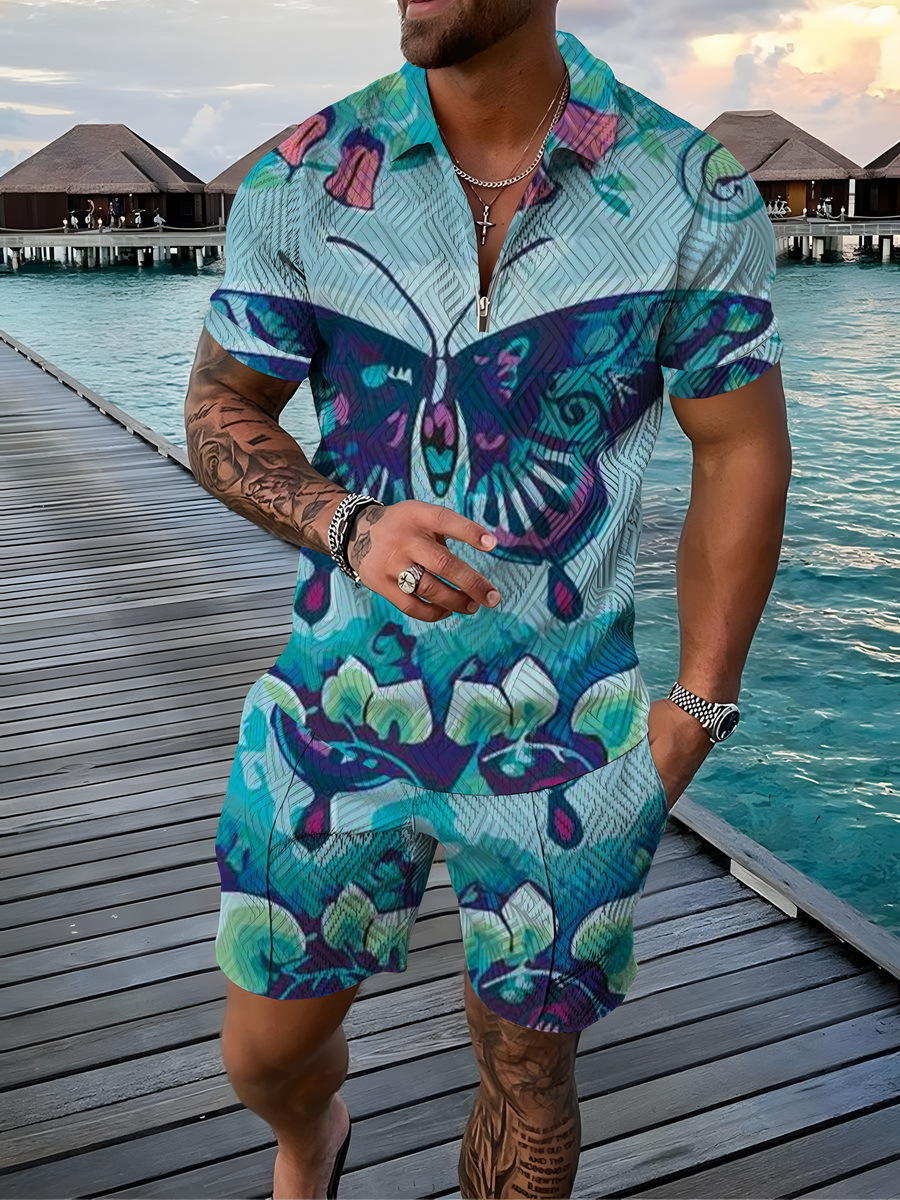 Men's 2pcs, Red Dots Pattern, Trendy Comfy Zip Polo And Plain Drawstring Waistband Shorts Set_voghion.com