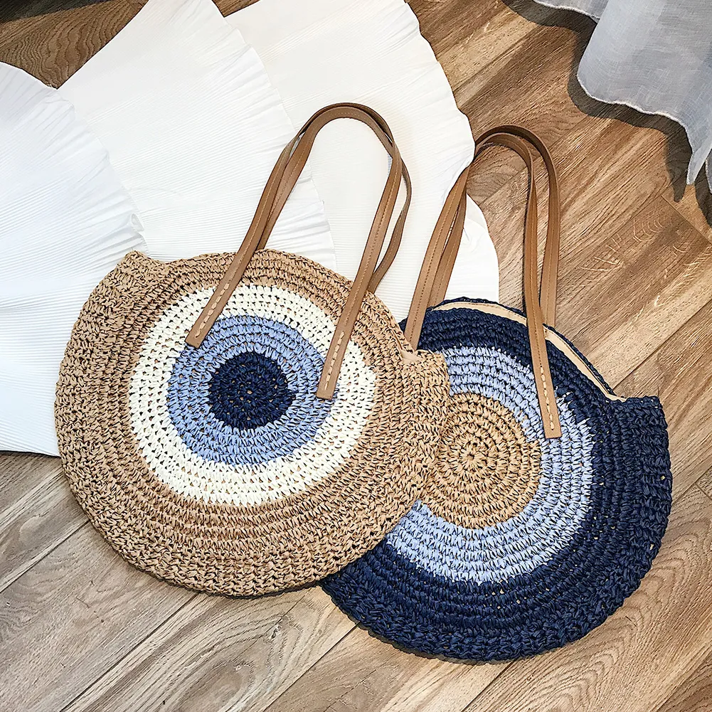 Borsa a tracolla rotonda estiva da donna in rattan intrecciato, in paglia, fatta a mano, da spiaggia, per la spesa, con manico superiore_voghion.com