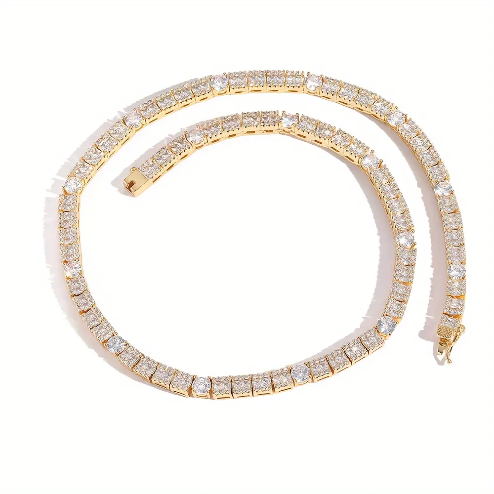 Tennis Chain Necklace With Square And Round Zirconia Stones_voghion.com