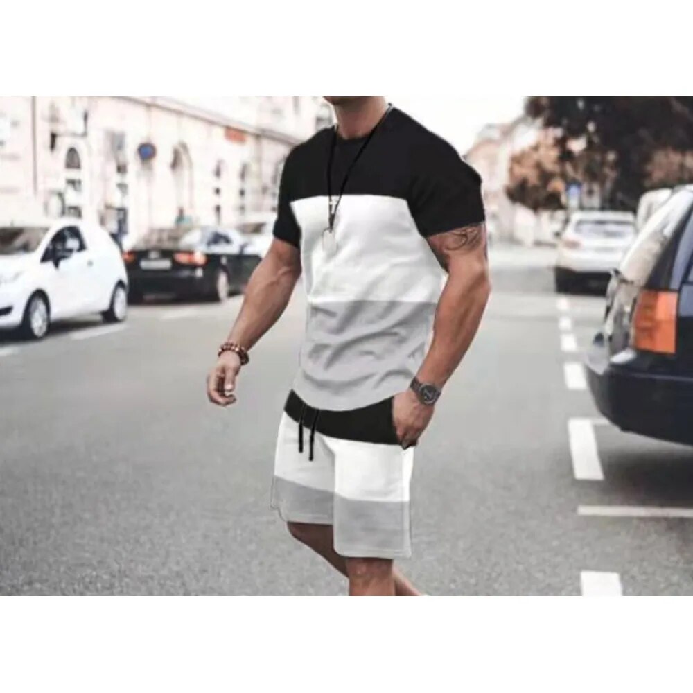 Herren 3D Kurzarm Set Sommer Fitness Sport Trend Locker Mode Lässig Rundhals T-Shirt_voghion.com