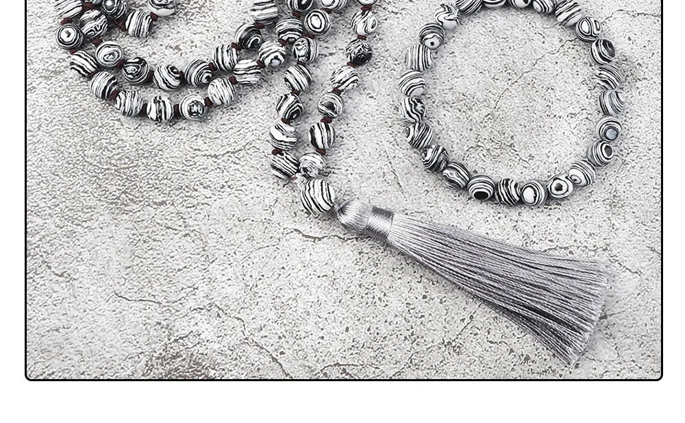 Anhänger Halsketten Mode Malachit Perlen Halskette 8mm Stein Handgefertigte geknotete Quaste Schmuckset Charm Männer Armband_voghion.com