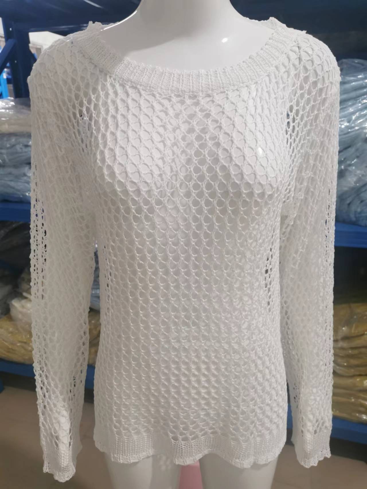 Damenmode einfarbiges, lockeres, perspektivisches Gitter-Langarm-Top_voghion.com