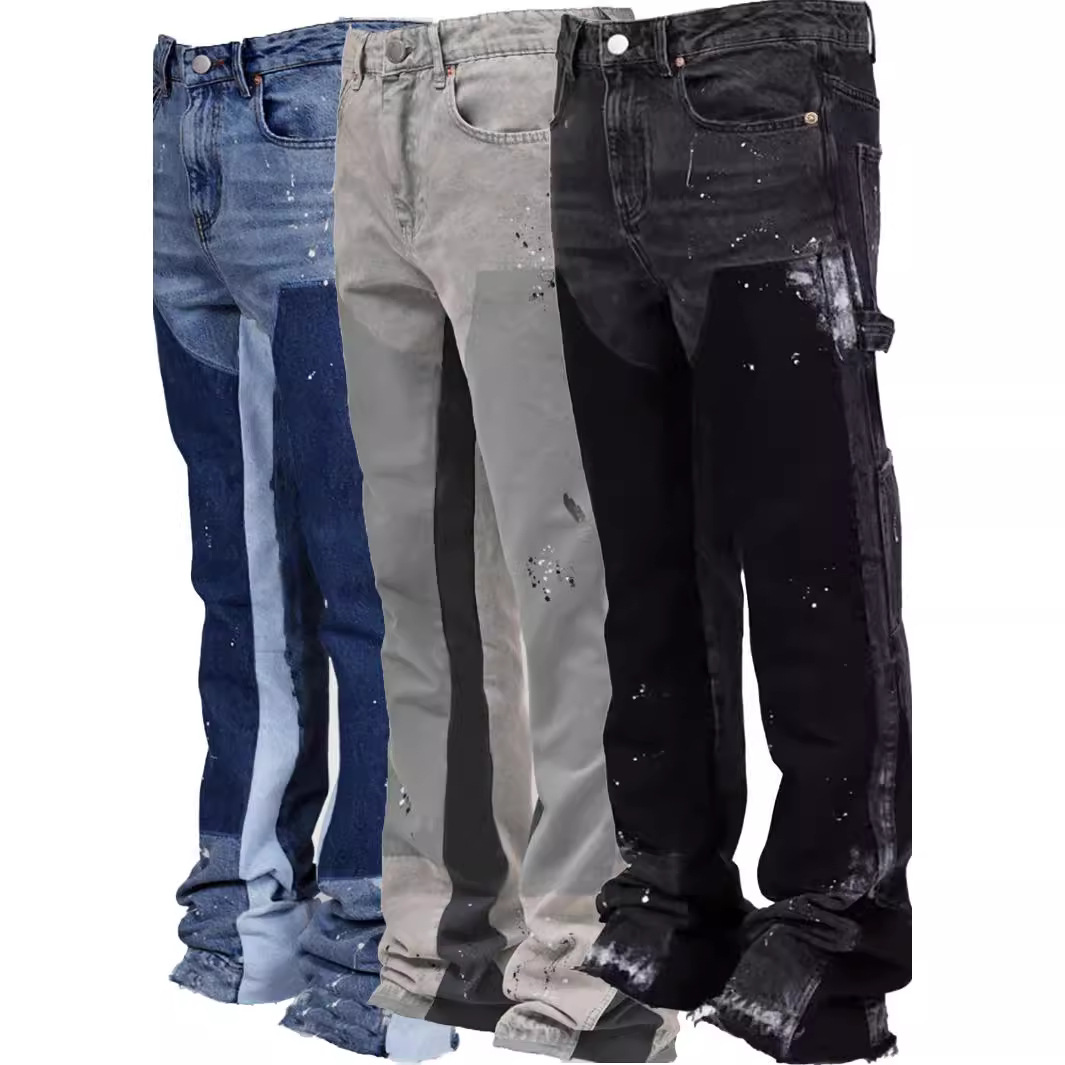 Vêtements pour hommes Salopette en jean pour hommes Salopette tendance Style tendance Patch élastique Denim Pantalon évasé superposé