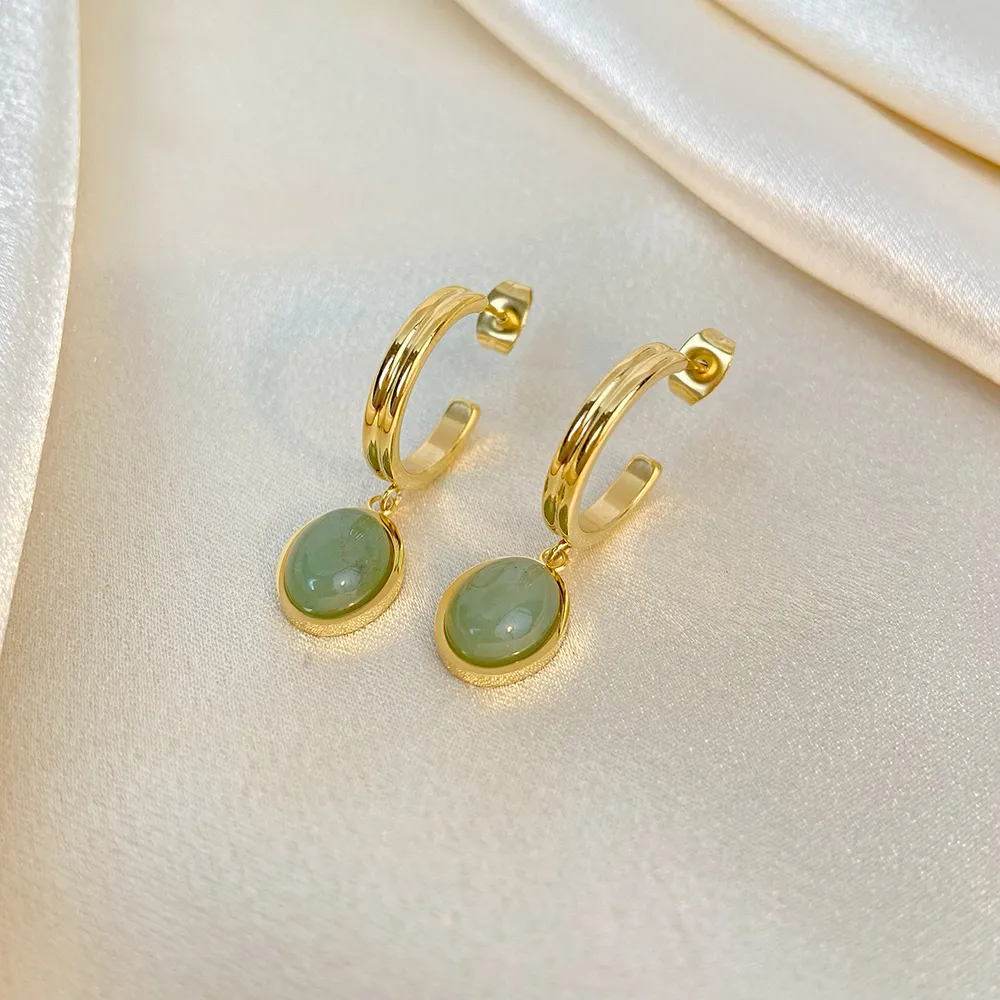 Grüner Aventurin Jade runder Anhänger Figaro Kette Edelstahl Halskette Ohrringe Set Vintage vergoldeter Schmuck für_voghion.com