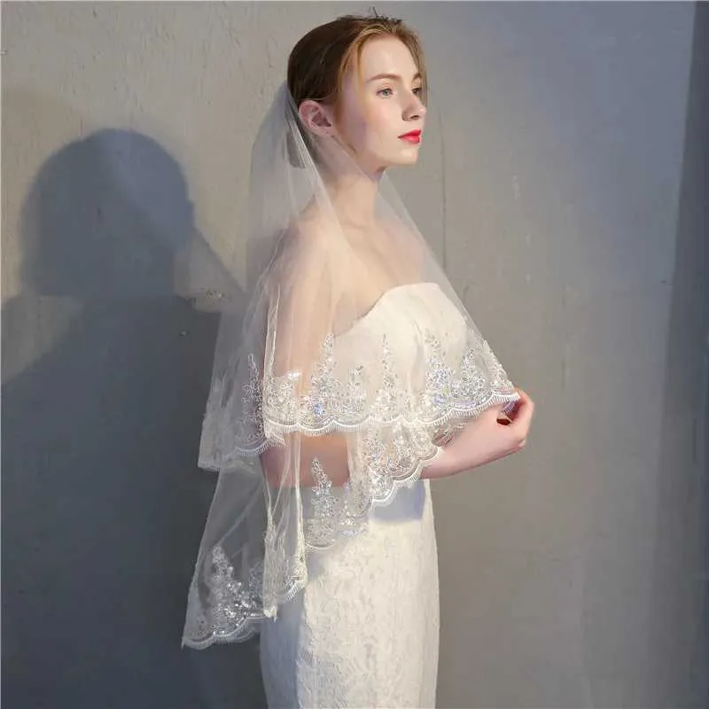 Gioielli per capelli, eleganti veli da sposa a due strati con bordo in pizzo e pettine per accessori da sposa._voghion.com