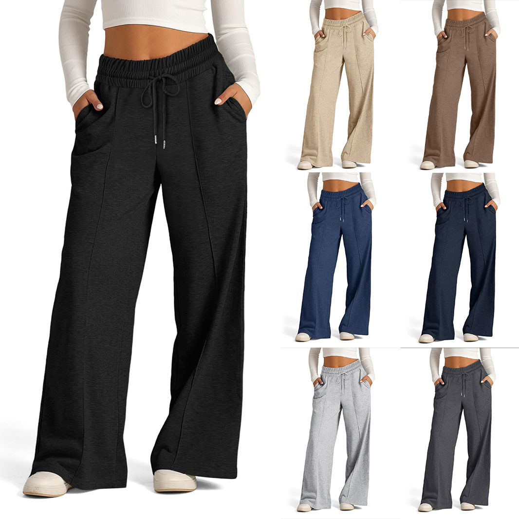Suitable For All Seasons New 2024 Women’s Drawstring Solid Color Waist-Cinching Fashion Wide-Leg Casual Pants