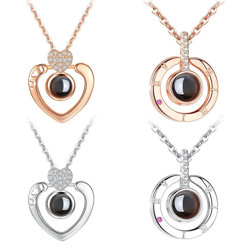 Νέο ροζ χρυσό κολιέ Sier I love you 100 Lanugage Love Memory Projection Heart Δώρο γενεθλίων Drop Shipping 223N_voghion.com