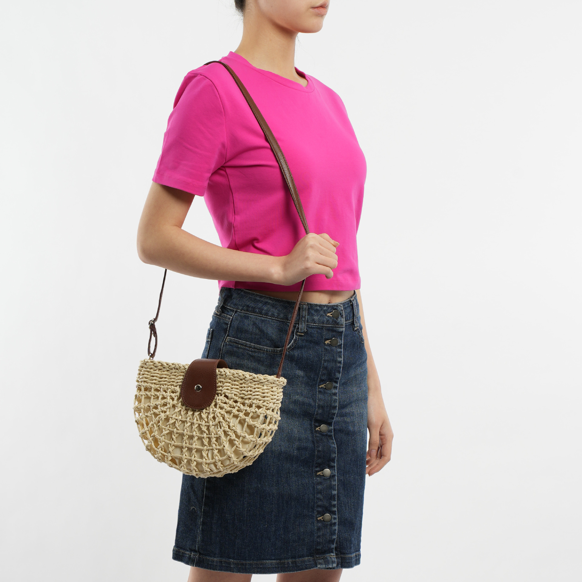 Halbrunde hohle Strohtasche Strand handgewebte Tasche Urlaub Damentasche Umhängetasche_voghion.com