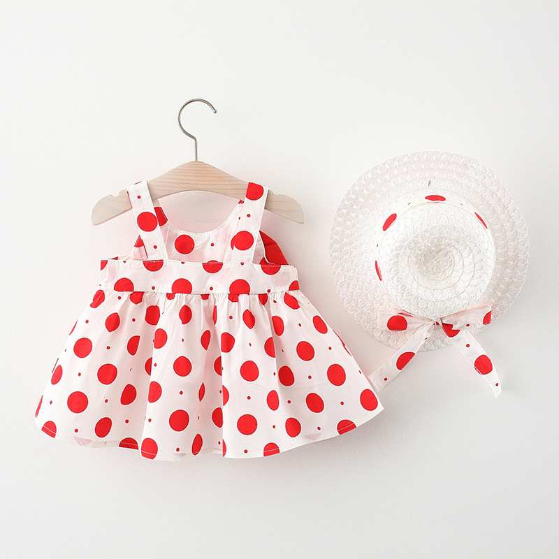Retro Polka Dots Infant Girl Dress Sweet Big Bow Sleeveless Dress Fashion Summer Dress Send Hat_voghion.com