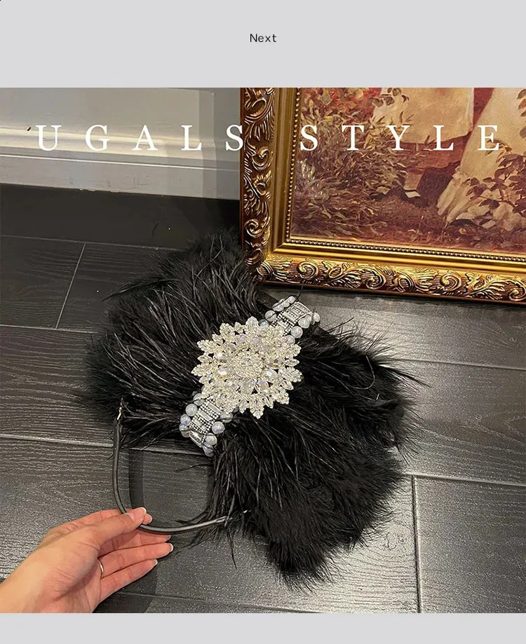 Ostrich Feather Evening Bag With Pearl Details For Women Party_voghion.com