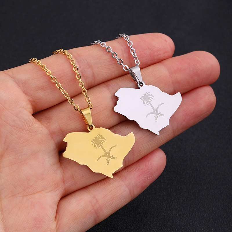 Saudi Arabia map and emblem crossed swords stainless steel necklace geometric men’s and women’s ethnic style Middle Eastern jewelry