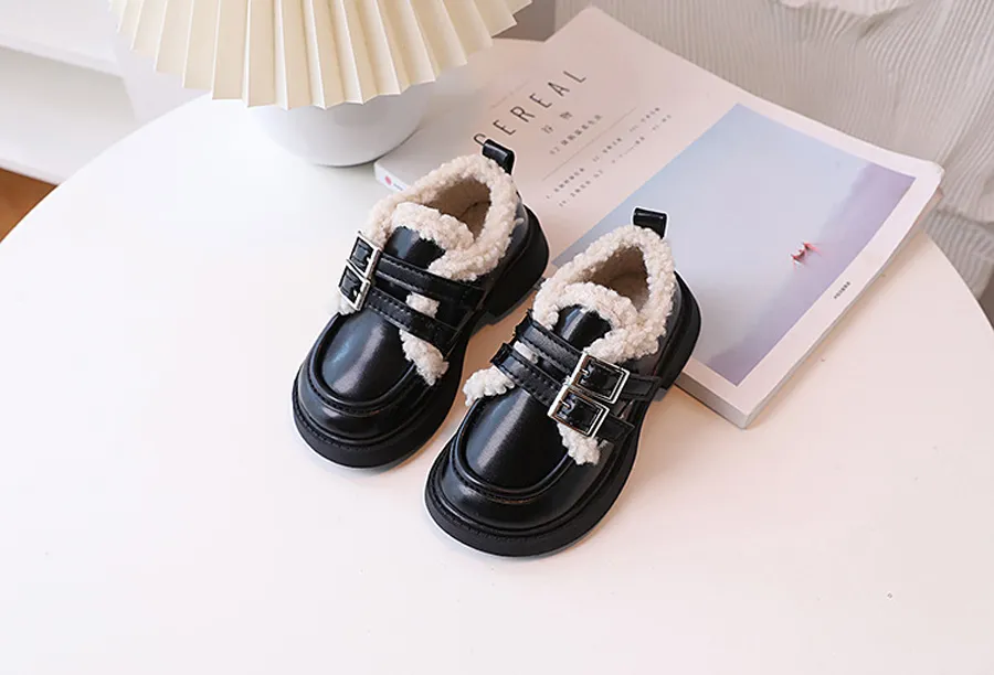 Children Leather Loafers For Boys Girls Winter Thick Soled Lamb Wool Warm Girl Uniform Princess School Cotton Shoes_voghion.com