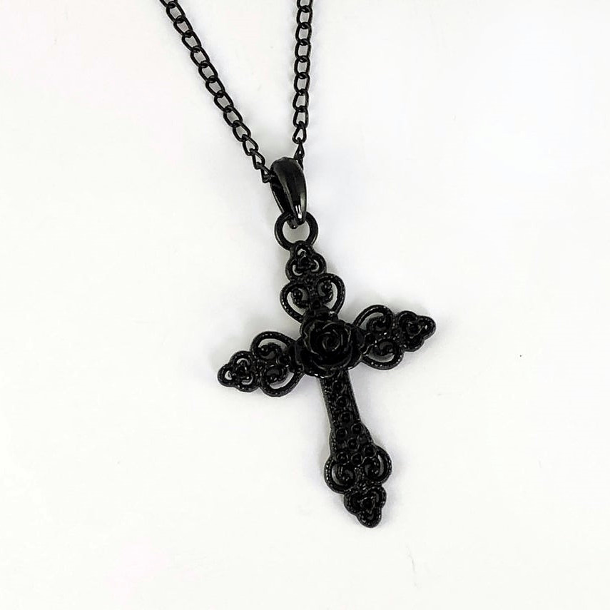 Gothic Black Rose Cutout Cross Pendant Necklace For Men And Women_voghion.com