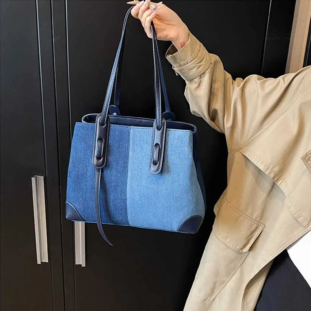 Borsa a mano in denim retrò da donna, a contrasto, con colori a contrasto, grande capacità, borsa a tracolla da viaggio, versatile, in PU, con toppa_voghion.com