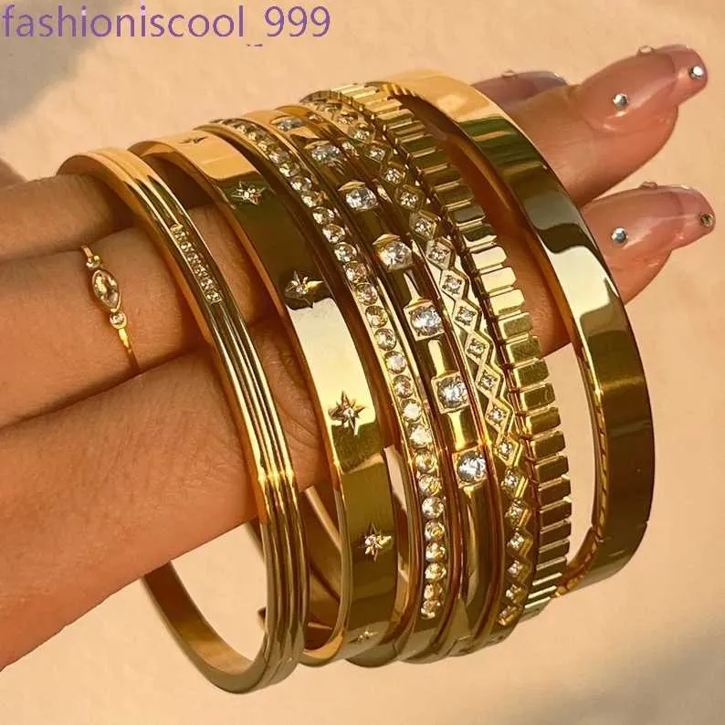 New Waterproof Stainless Steel Stacking Open CZ Cuff Bangles Gold Plated Star Zircon Bracelet Women INS Summer 2022_voghion.com
