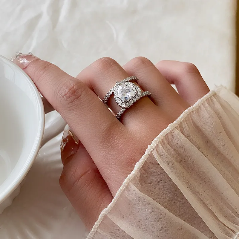Heart Zirconia Bangle And Ring Set For Women Silver Colour_voghion.com