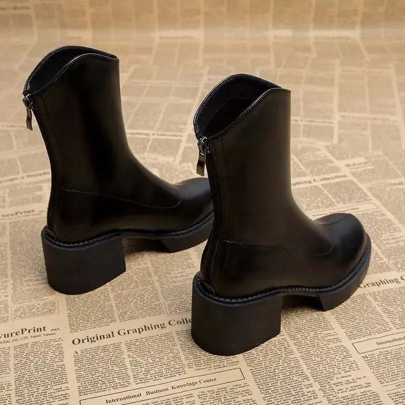 High ankle work very high heels brown short and chubby platform womens waterproof boots black Pu 240911_voghion.com