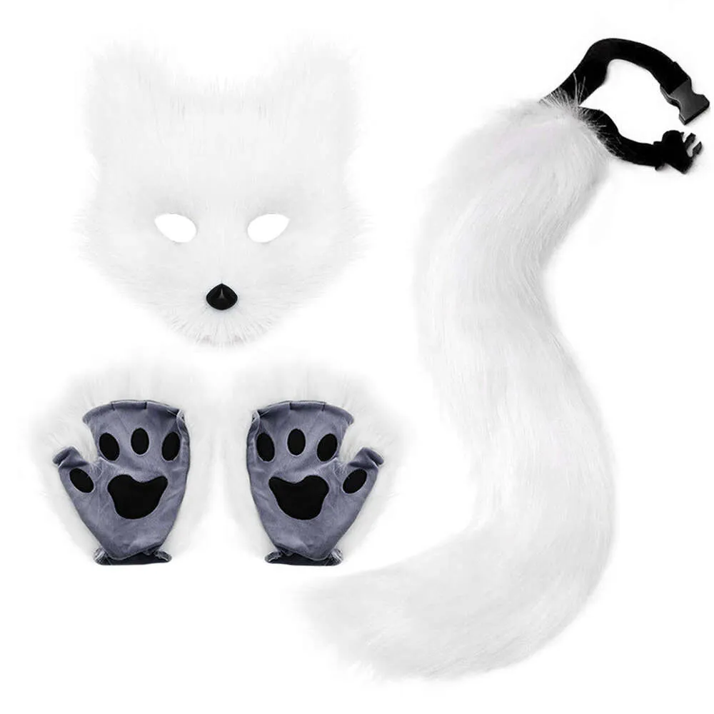 Chaveiro de cauda de raposa de pele fofa, luvas de patas de gato e conjunto de máscara de lobo Therian para acessórios de fantasia de cosplay de Halloween_voghion.com