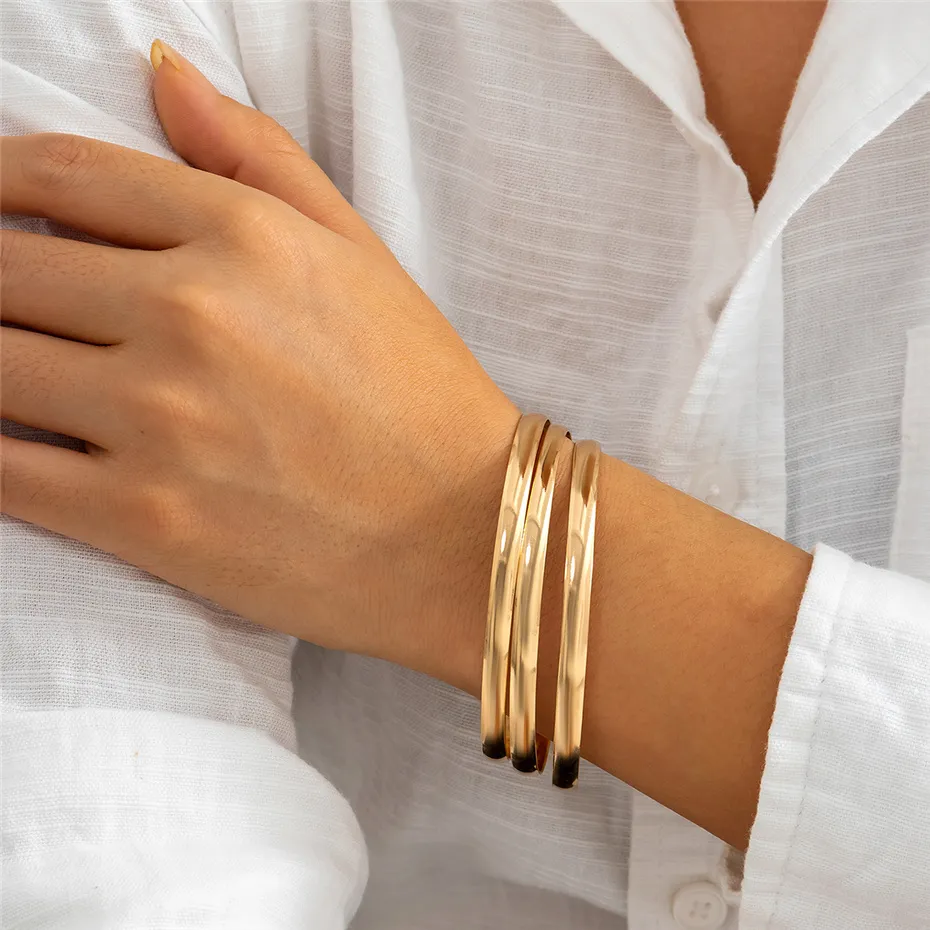Gold Bangle Set 3 Pcs Punk Round Glossy Bracelets For Women_voghion.com