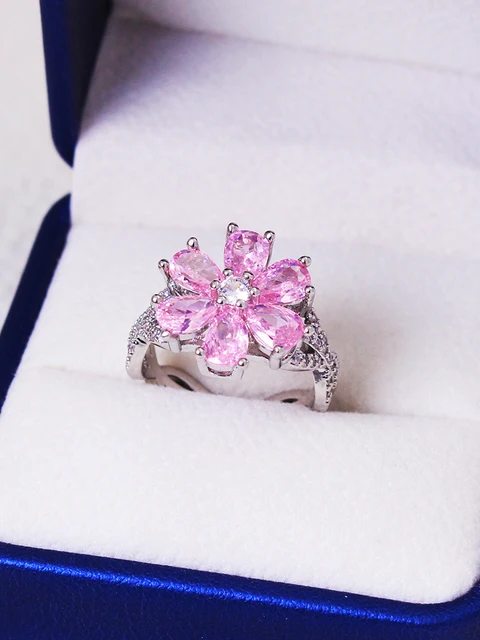 Ventes chaudes 2024 exquis Zircon femmes fleurs roses dame fête de fiançailles fleur de pêcher bague bijoux de mode pour les femmes_voghion.com
