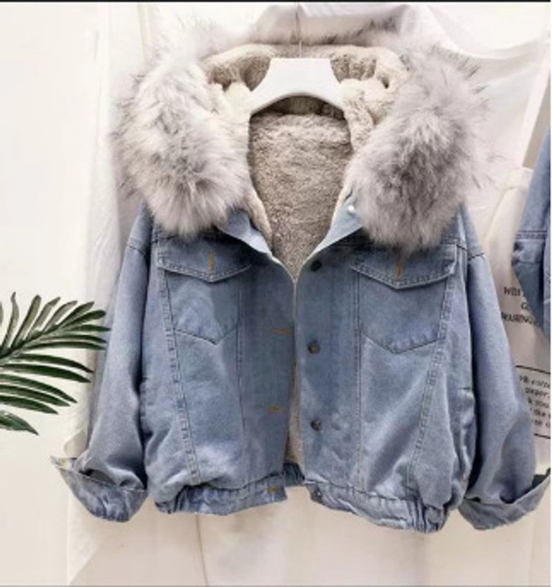 Vêtements pour femmes, hauts en jean à col en fourrure épaisse, vestes courtes amples en coton pelucheux pour femmes_voghion.com