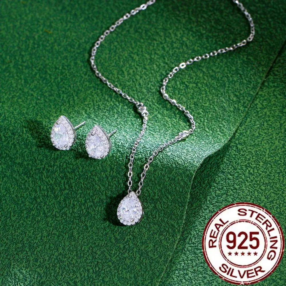 CWWZircons - Orecchini a bottone in argento sterling puro con taglio a pera e zirconi cubici, set di collane con ciondolo per donna, accessori di gioielleria raffinata, regalo_voghion.com