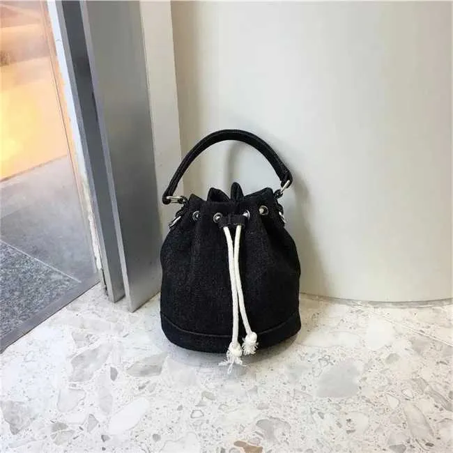 Women Fashion Denim Bucket Solid String Handbags Casual Mini Crossbody Bags Female All-matched Messenger PackC241212_voghion.com