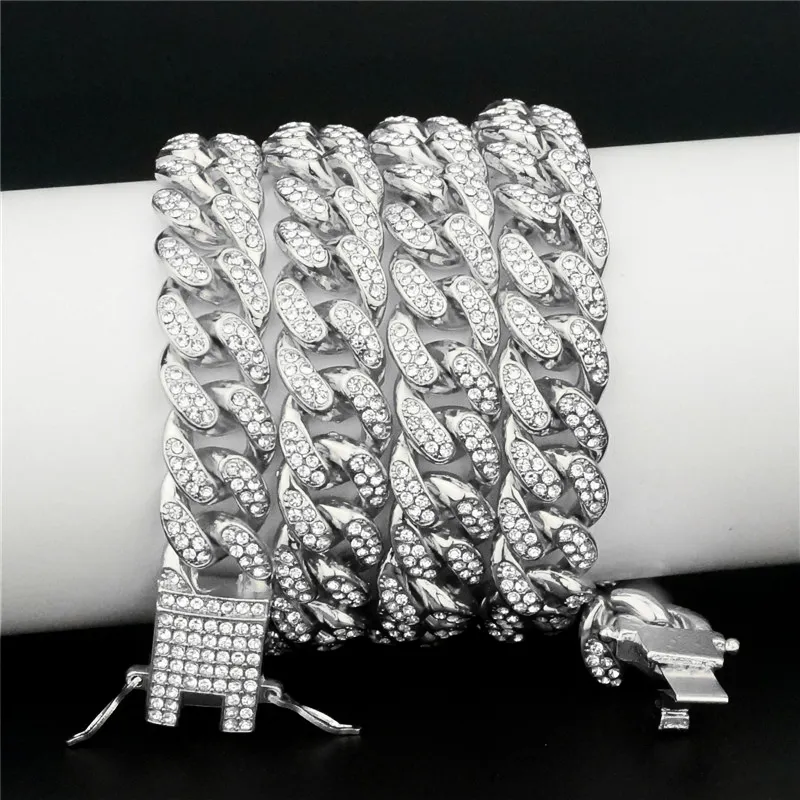 Catene 13MM Rhinestone Iced Ou Miami Cuban Link Chain Collana per uomo donna Hip Hop Argento Colore Gioielli sul collo_voghion.com